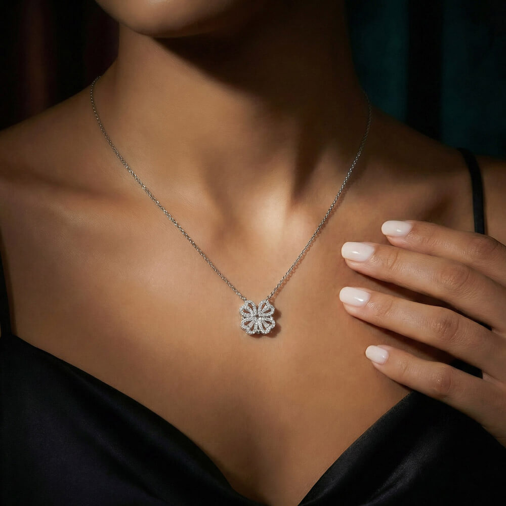 Mother's Day Magnetic Heart Necklace 2-in-1 Four Leaf Clover Silver CZ Women Gift Her