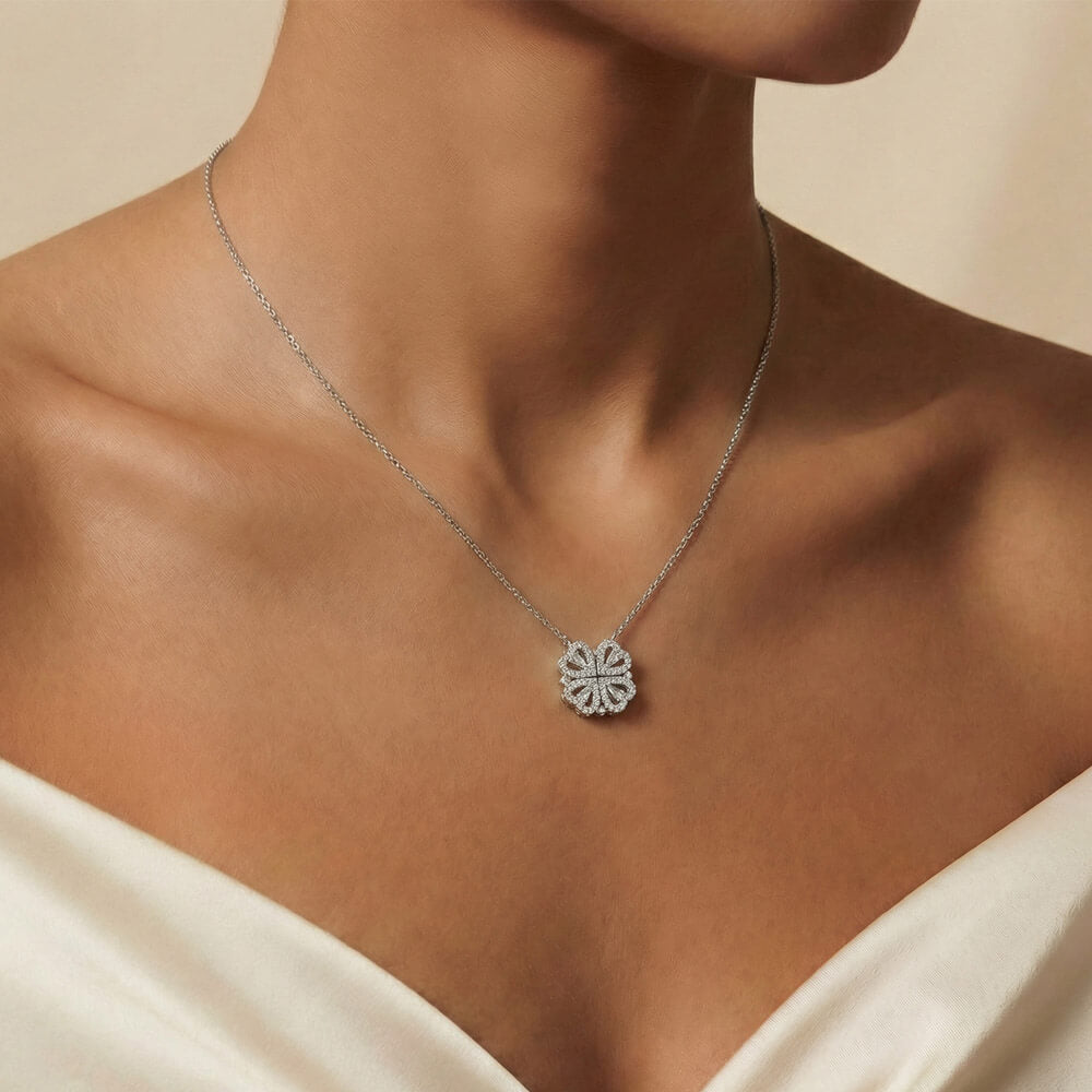 Mother's Day Magnetic Heart Necklace 2-in-1 Four Leaf Clover Silver CZ Women Gift Her