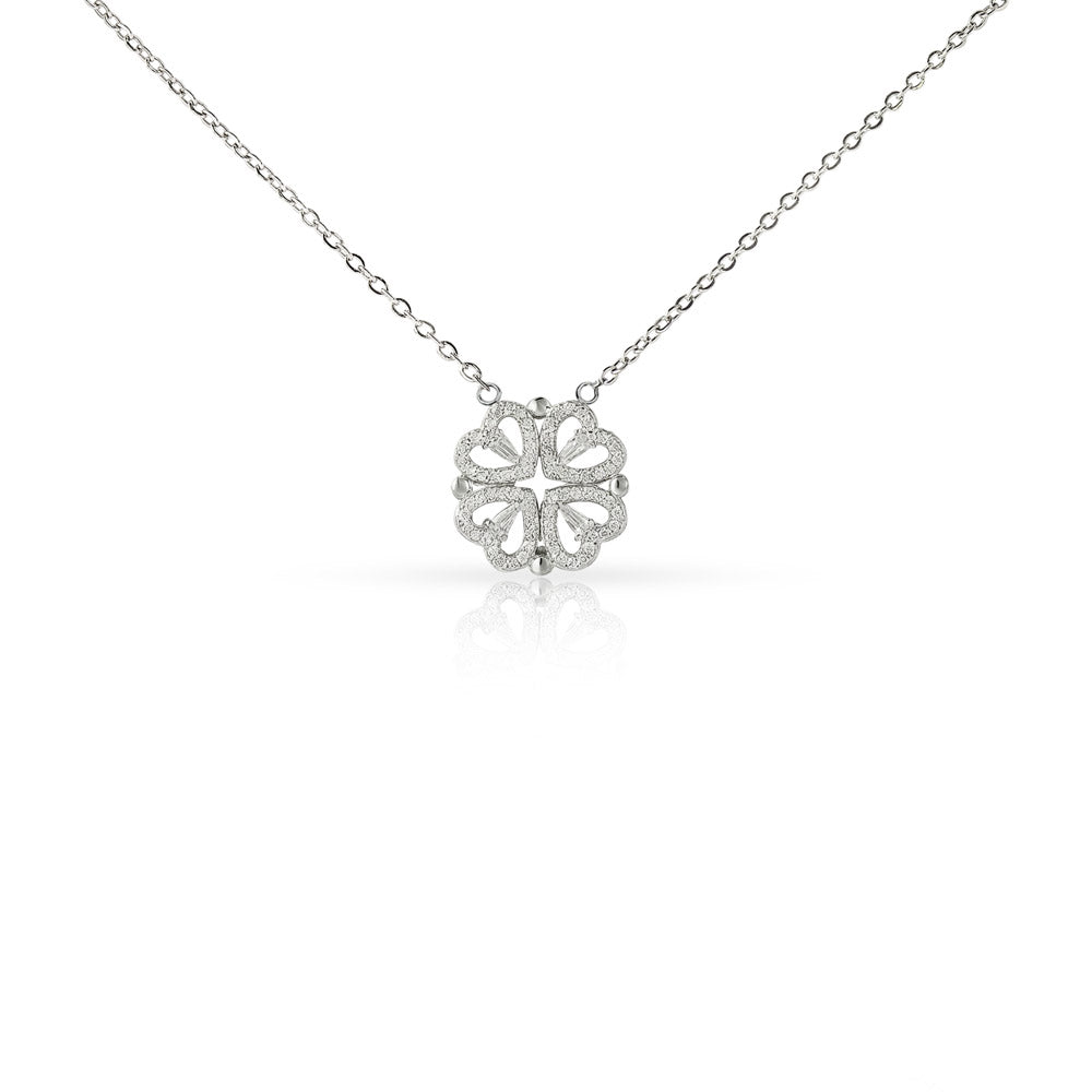 Mother's Day Magnetic Heart Necklace 2-in-1 Four Leaf Clover Silver CZ Women Gift Her