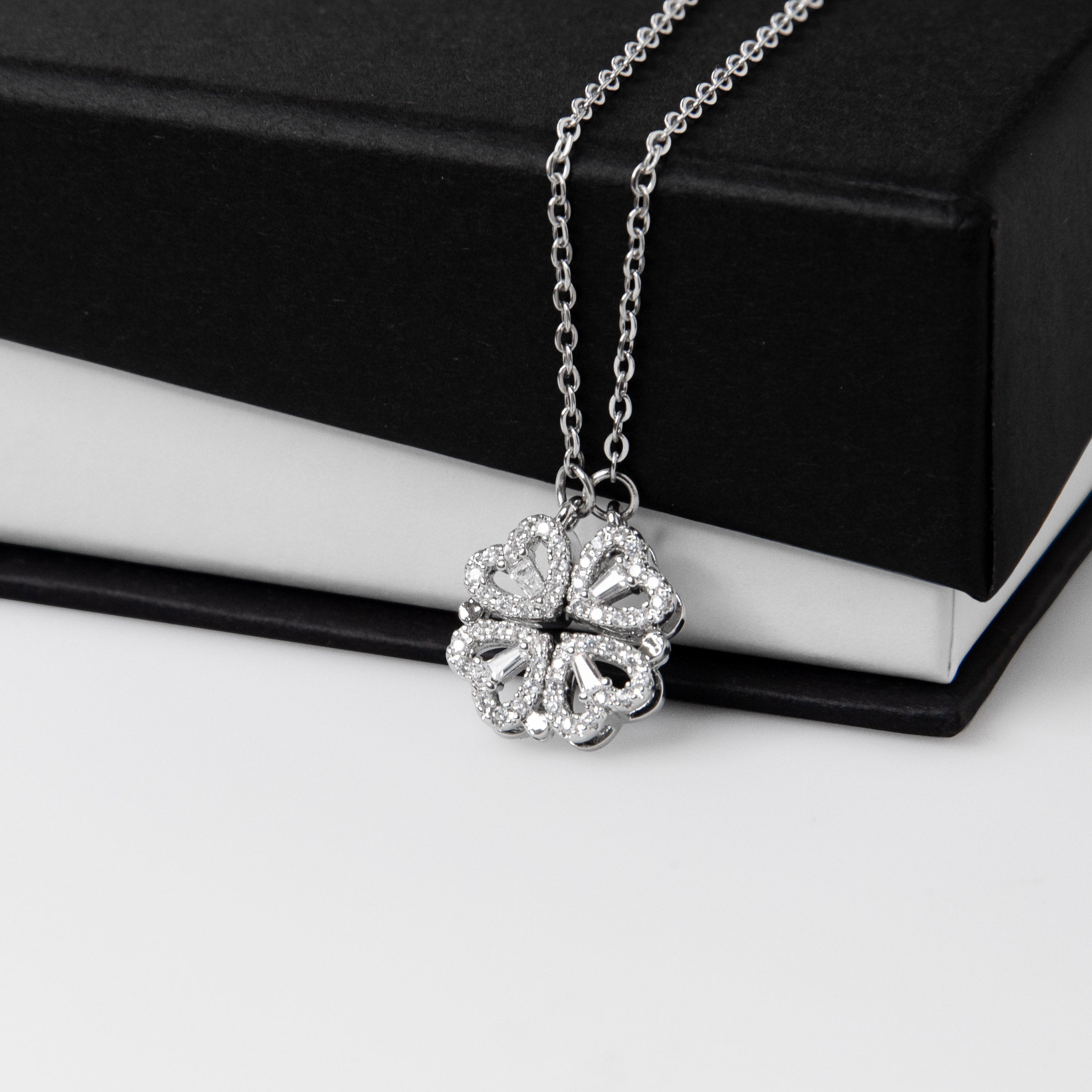 Mother's Day Magnetic Heart Necklace 2-in-1 Four Leaf Clover Silver CZ Women Gift Her