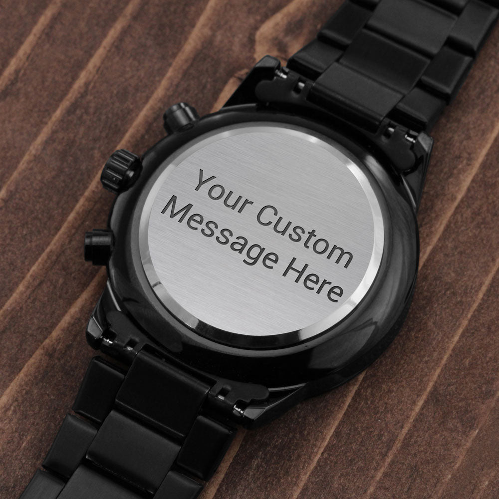 Custom Message Engraved Men's Black Chronograph Watch Personalized Gift Husband Dad Boyfriend Him