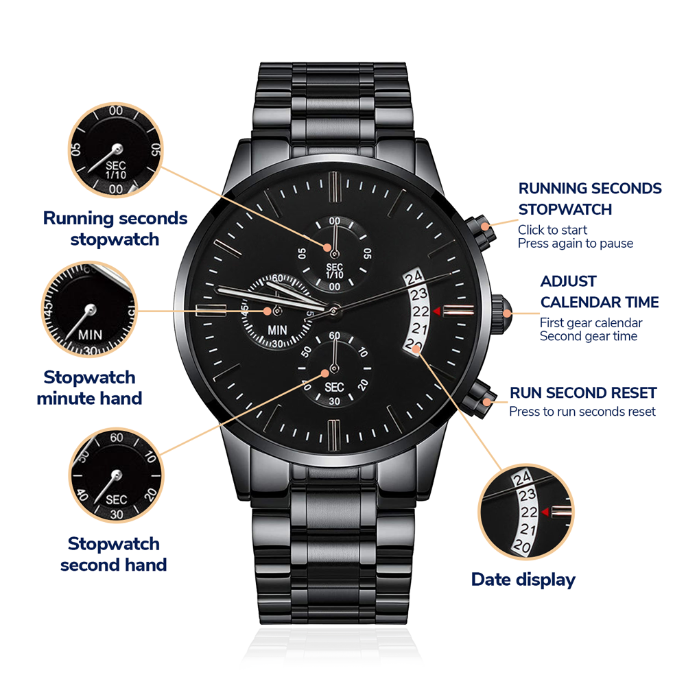 Custom Message Engraved Men's Black Chronograph Watch Personalized Gift Husband Dad Boyfriend Him