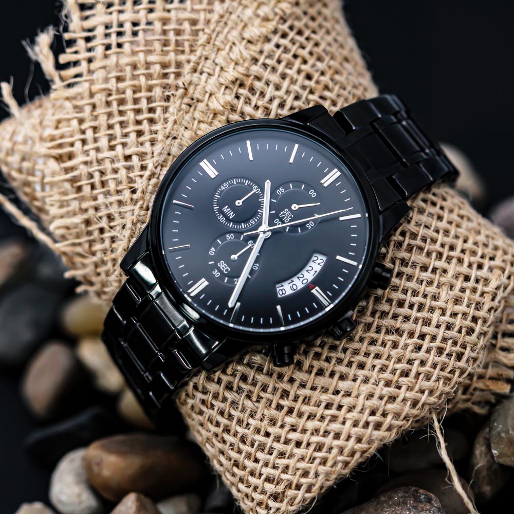 Custom Message Engraved Men's Black Chronograph Watch Personalized Gift Husband Dad Boyfriend Him