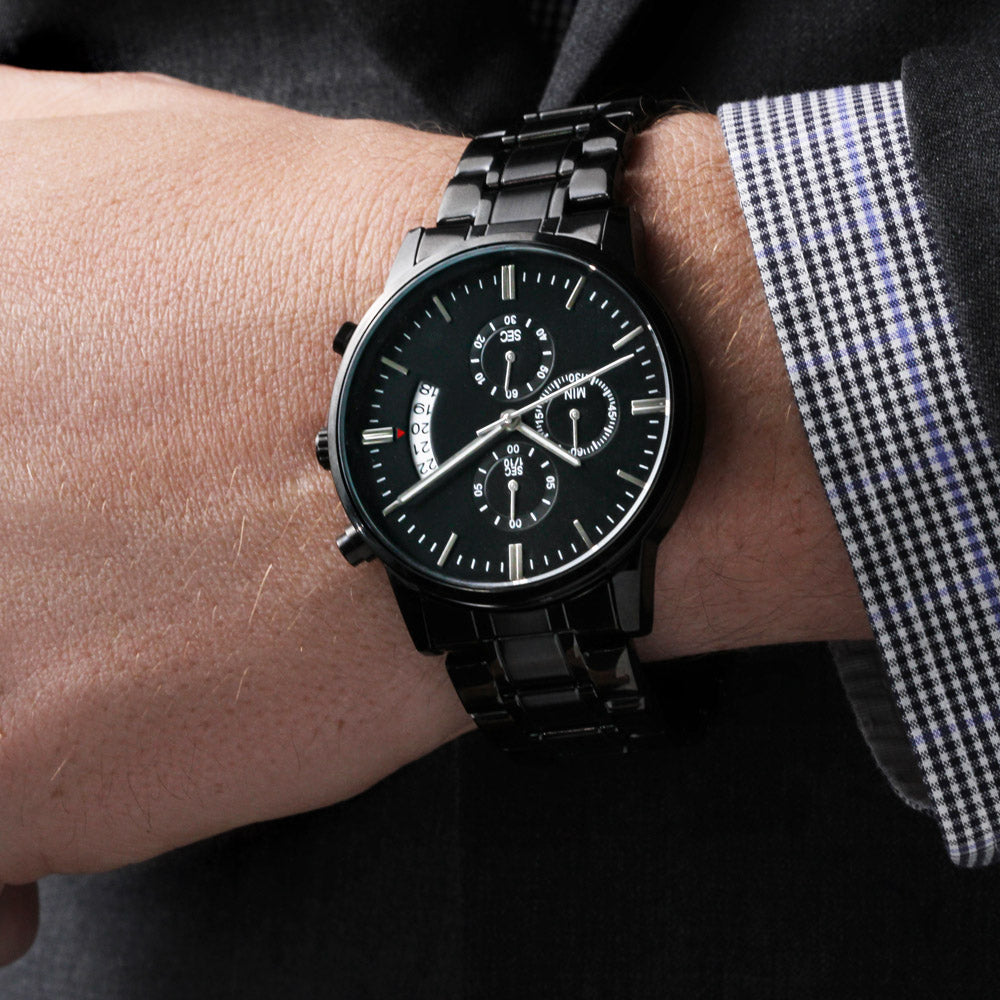 Custom Message Engraved Men's Black Chronograph Watch Personalized Gift Husband Dad Boyfriend Him