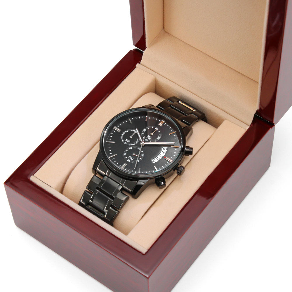 Custom Message Engraved Men's Black Chronograph Watch Personalized Gift Husband Dad Boyfriend Him