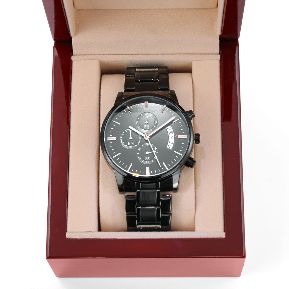 Custom Message Engraved Men's Black Chronograph Watch Personalized Gift Husband Dad Boyfriend Him