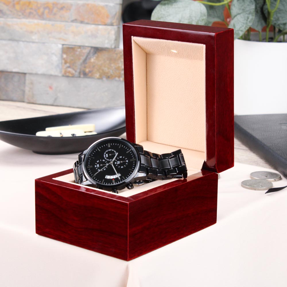 Custom Message Engraved Men's Black Chronograph Watch Personalized Gift Husband Dad Boyfriend Him