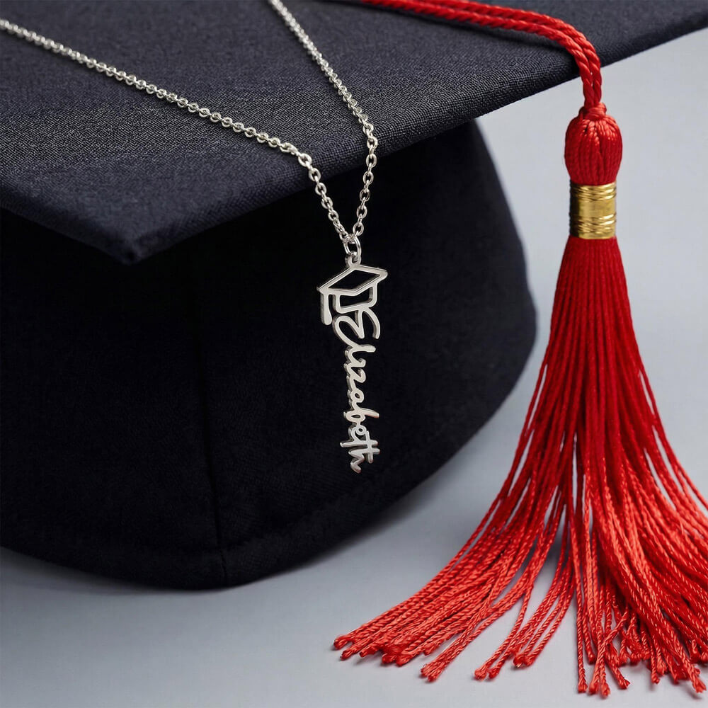 Personalized Graduation Cap Name Necklace Custom Vertical Script Silver Women Class 2026 Gift