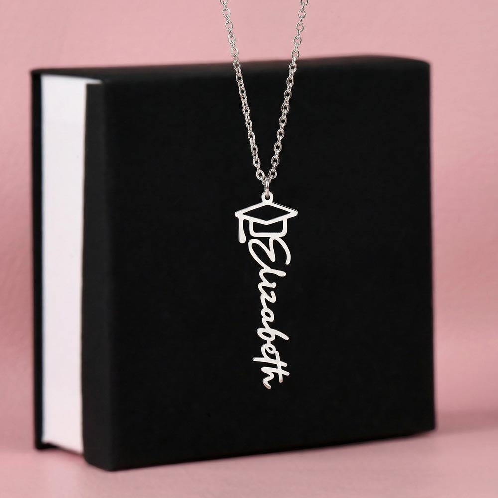 Personalized Graduation Cap Name Necklace Custom Vertical Script Silver Women Class 2026 Gift