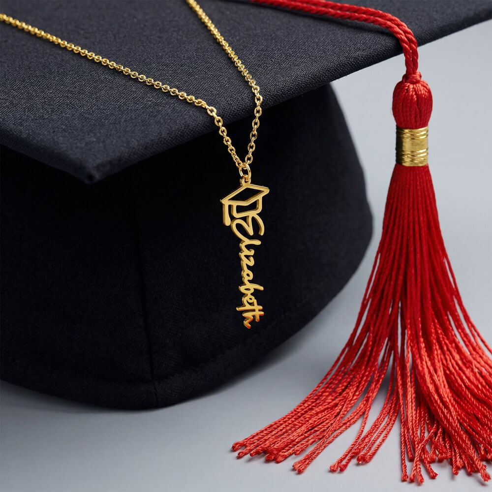 Personalized Graduation Cap Name Necklace Custom Vertical Script Silver Women Class 2026 Gift