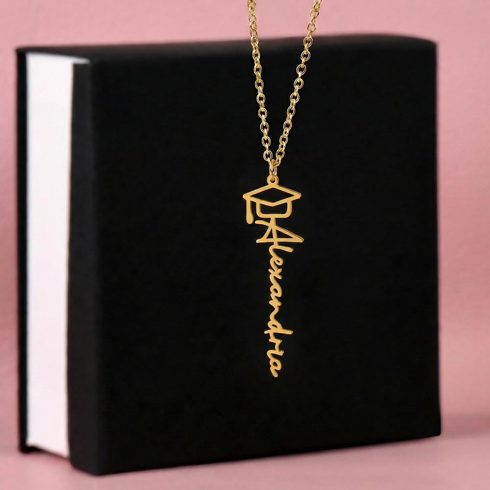 Personalized Graduation Cap Name Necklace Custom Vertical Script Silver Women Class 2026 Gift