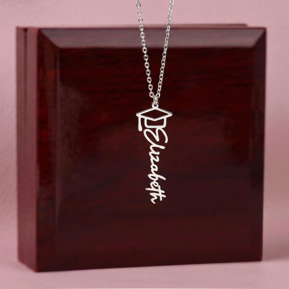 Personalized Graduation Cap Name Necklace Custom Vertical Script Silver Women Class 2026 Gift